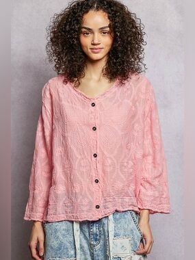 POL Baby Pink Embroidered 100% Cotton Button-Front Women's Top Size OS